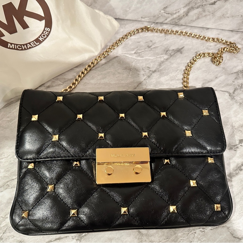 Michael Kors Black Leather Quilted,Studded Handbag on Chain-Excellent Condition